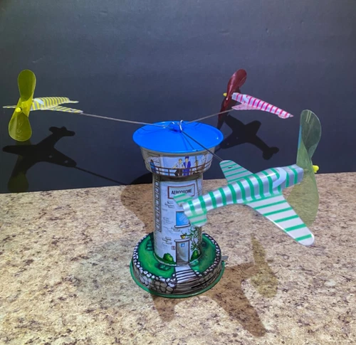 Vintage Tin Toy Wind Up Schylling Aerodrome Litho Airport Control Tower
