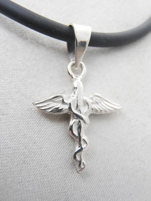 Cozzi Gioielli Caduceus Pharmacy Pendant 925 Sterling Silver & Rubber Choker