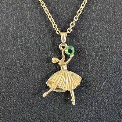 Vintage Signed Barbie Ballerina Necklace May Birthstone Emerald Gold Tone Mattel