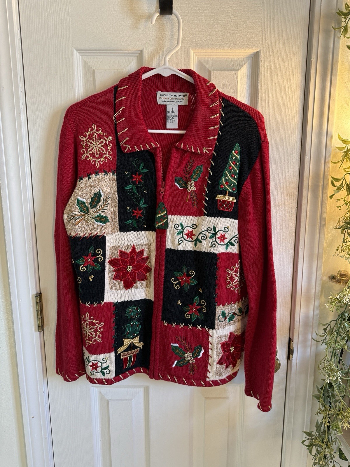 Tiara International Ugly Christmas Poinsettia Sweater Red Cardigan Size S