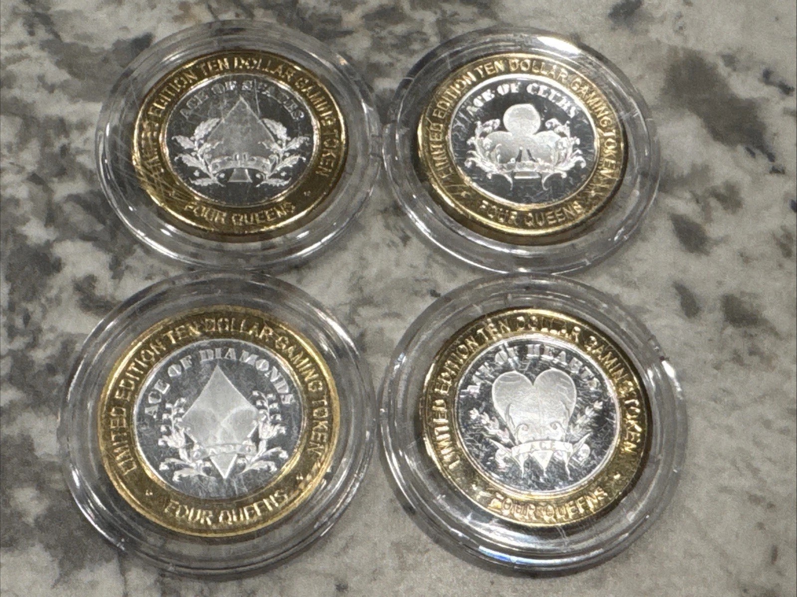 Four Queens Casino Silver Strike Complete Set of 4 Aces $10 Vegas Gaming Token