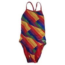 Speedo Rainbow Striped One Piece Swimsuit Youth Girls 26 Swim Team Practice