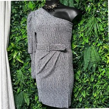 BLUE.S Dress Large Silver Metallic One Shoulder Ruched Belted Mini 3381