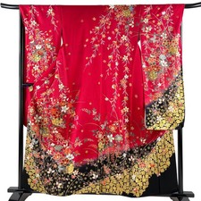 JAPANESE KIMONO FURISODE Red 158.5cm 5 ft 2 in PURE SILK AA8737