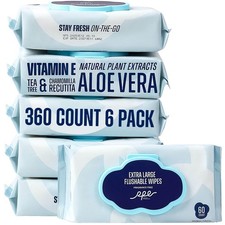 Flushable Wet Wipes - 6 Large Packs 360 Ct - Unscented Extra-Large Body  H...