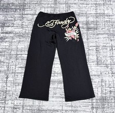 Ed Hardy Sweatpants Heart Dagger Graphic Wide Leg Flare Black Women s Size L