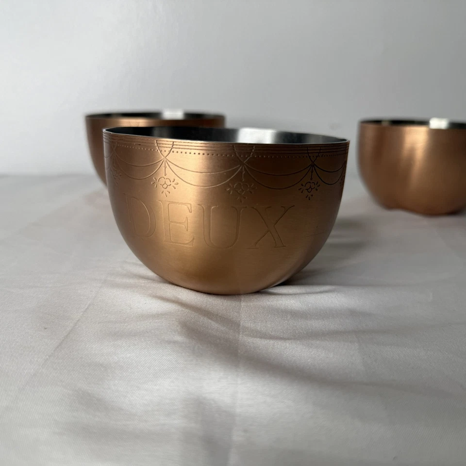 Anthropologie Copper Bowls Set 3 French Engraved Un Deux Trois Kitchen Decor - Image 3 of 4