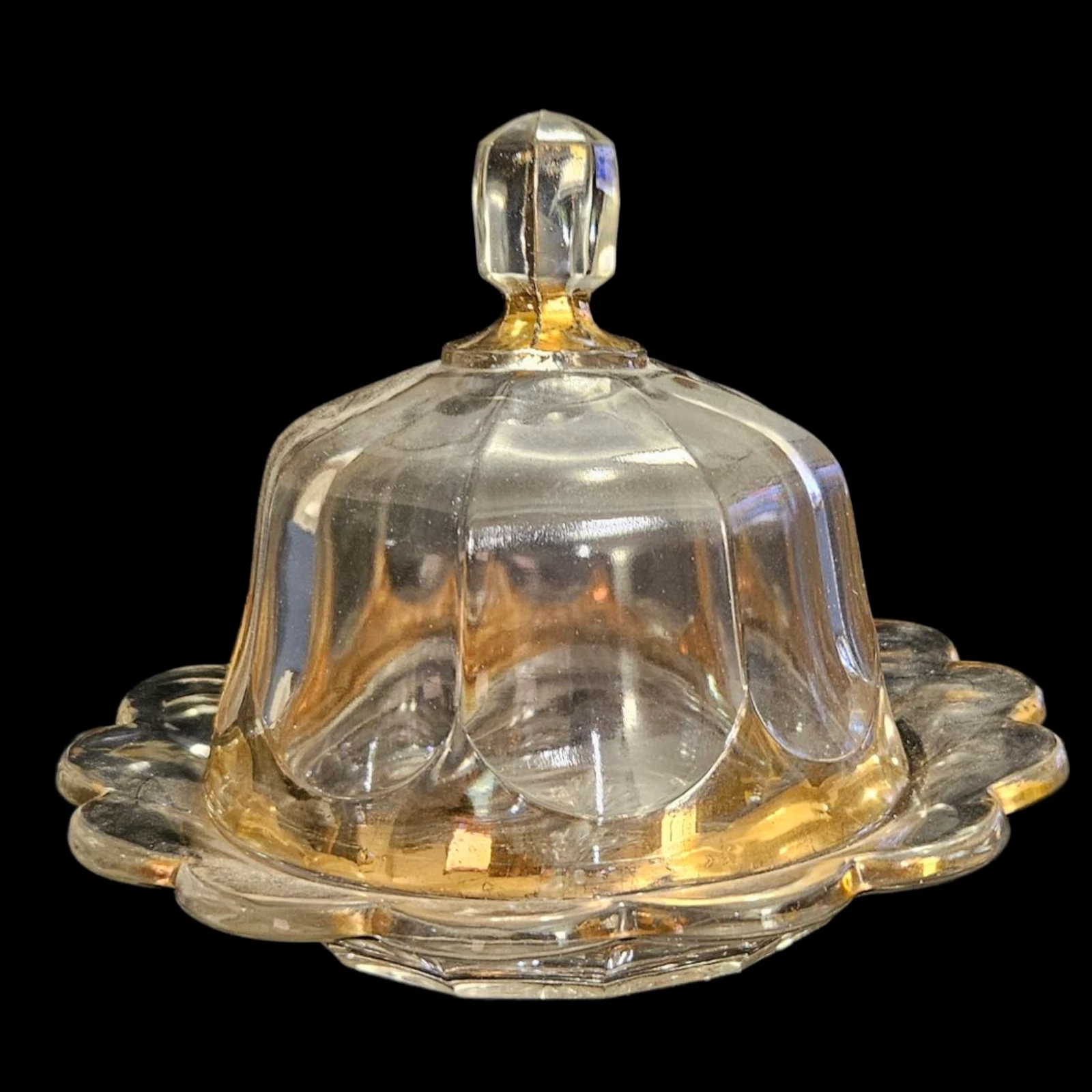 Vintage Pressed Glass Butter Dish Gold Trim Scalloped Covered Candy Dish
