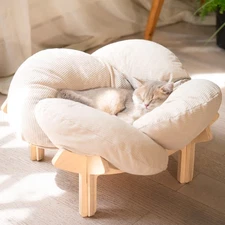Elevated Cat Bed with Cushion, Wooden Cat Couch Sofa for Indoor