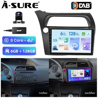 DAB+ 6+128GB Android 15 Autoradio Carplay GPS Navi Kam Für Honda Civic 2006-2011