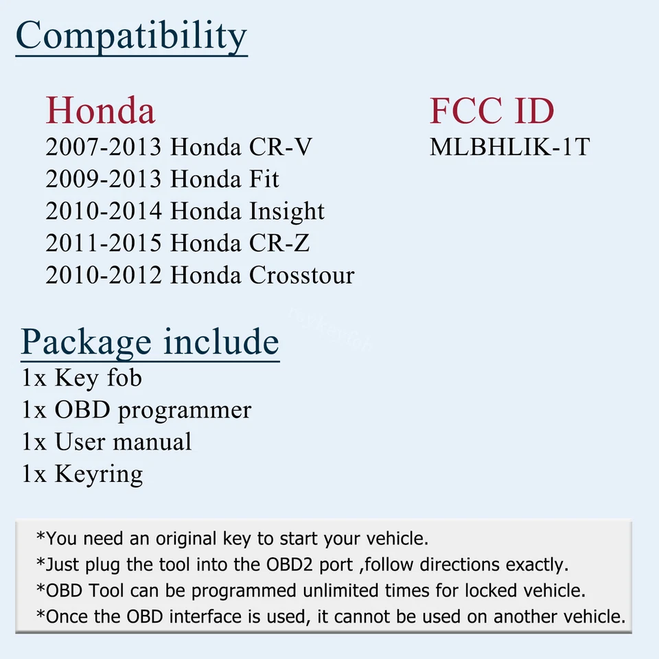 Llavero programador remoto MLBHLIK-1T para Honda Fit CR-V CR-Z Insight Crosstour Foto 2 de 4