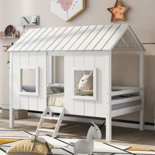 Low Loft House Bed with Roof and Windows Wooden Bed Frames Twin Size Loft Bed