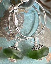 Silver Lever Back Hoops Dangle Green Earrings. Ocean. Sea Glass.