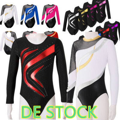 DE~Turnanzug Mädchen Langarm Glitzernde Gymnastikanzug Kinder Training Dancewear