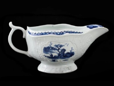 18th C Worcester Sauce Boat Blue White Porcelain Fisherman Billboard Island