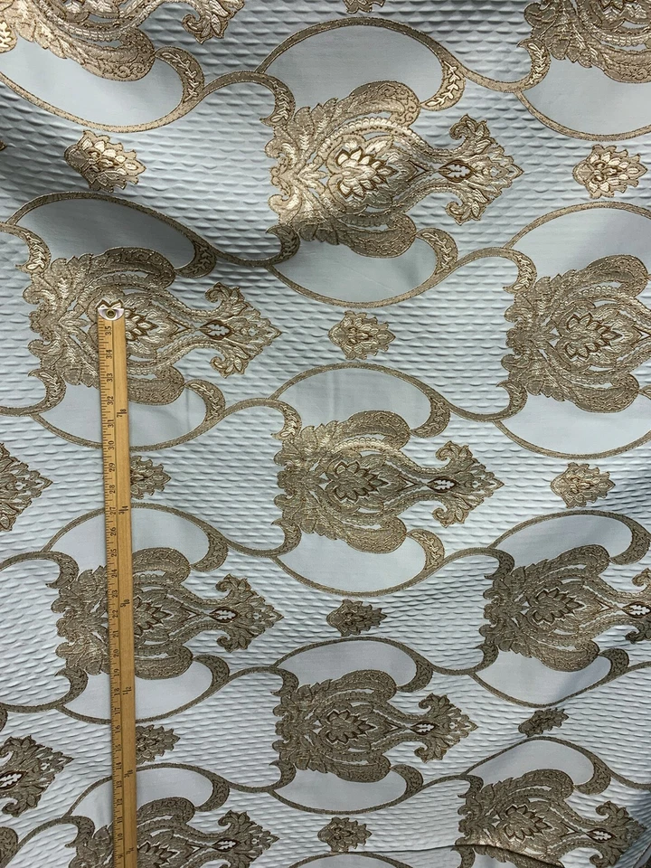 Tela para cortinas de tapicería brocado damasco GRIS AZUL ORO OSCURO (54 pulgadas) Vendido por Foto 3 de 4