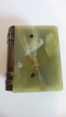 Unusual Green Onyx Faux Book Cigarette Box, Bronze Spine