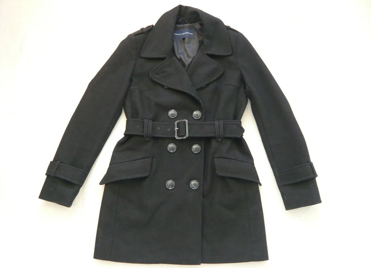 French Connection black wool blend coat Trench style Belt Collar