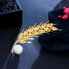 Chic Luxury Yellow Gold Plated CZ Bridal Wedding Banquet Pearl Wheat Brooch Pin