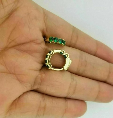 1.50 Ct Round Cut Lab Created Emerald Tiny Hoop Earrings 14K Yellow Gold Plated - Picture 2 of 4