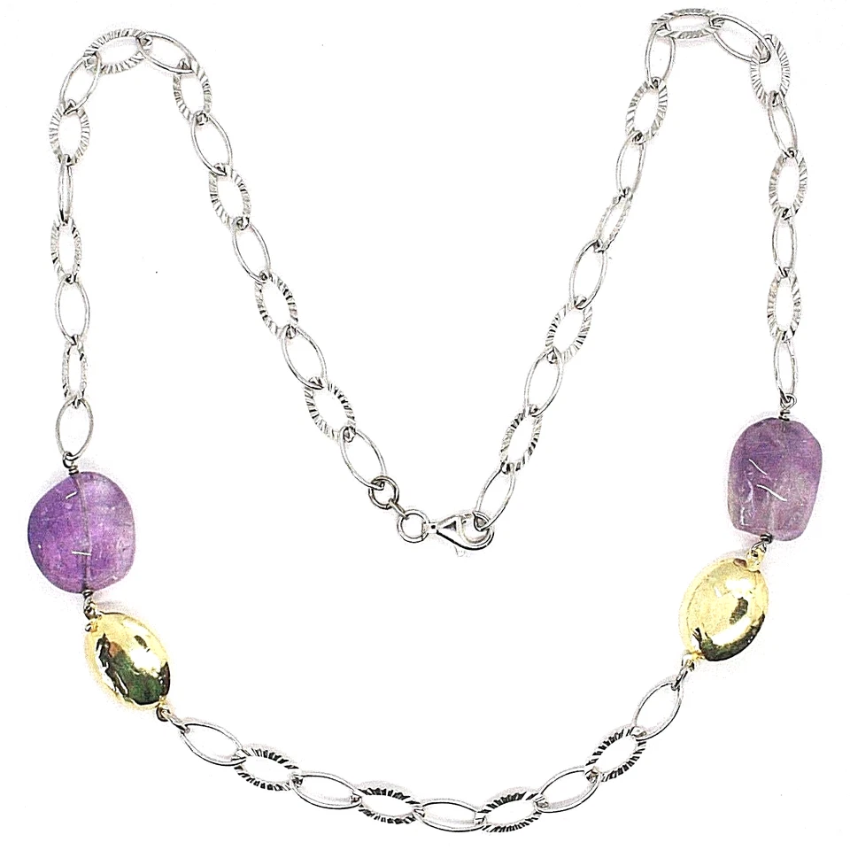 COLLANA ARGENTO 925 CON AMETISTA VIOLA CATENA OVALI LAVORATI LUNGHEZZA 65 CM - Immagine 3 di 4