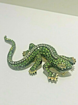 Split Pin Lizard Vintage Lizard Lapel Pin 18K Yellow Gold CUSTOM Green Diamonds Retail ...
