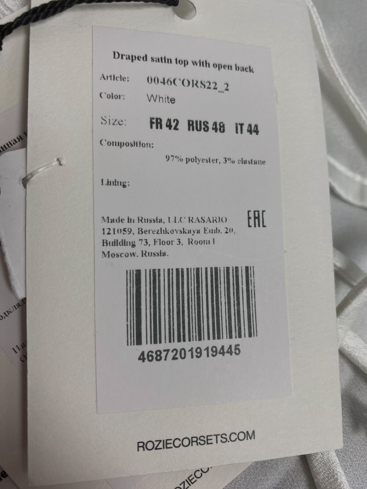 $252 Rozie Corsets Women's White Satin Draped Open Back Top Size FR 42/US 10