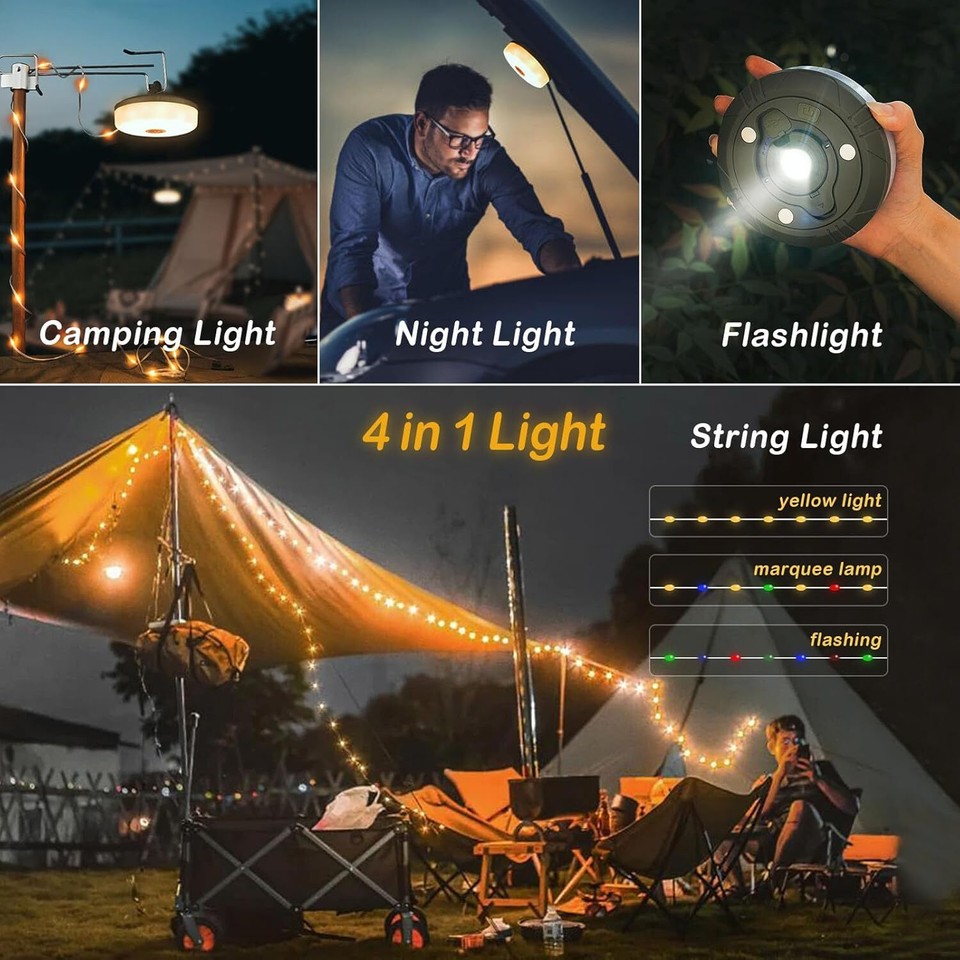 Portable Container Lights 4-IN-1 Portable Camping String Lights USB Rechargeable 33FT LED Tent ...