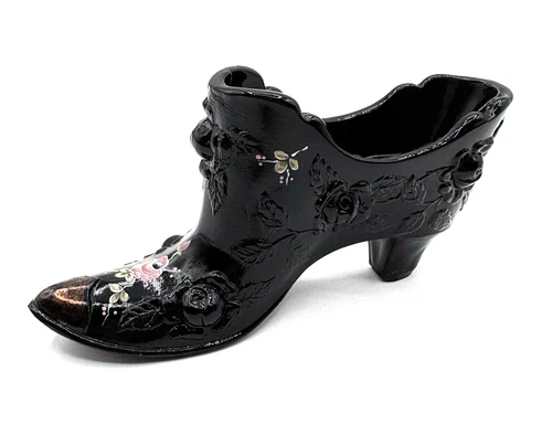 Fenton Art Glass Shoe Slipper Black Hand Painted Signed D. Hart Vintage Roses