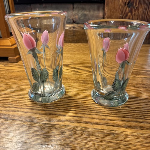 Orient & Flume Art Glass Pair Of Vases Clear Floral 6 1/4” & 5 3/4”