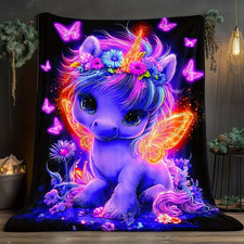 Purple Unicorn  Butterflies Printed Flannel Blanket - Warm Throw Fleece Blanket