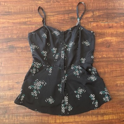 Love Squared Button Up Tank Top Jr Womens Small Y2K Floral Pockets Black Summer