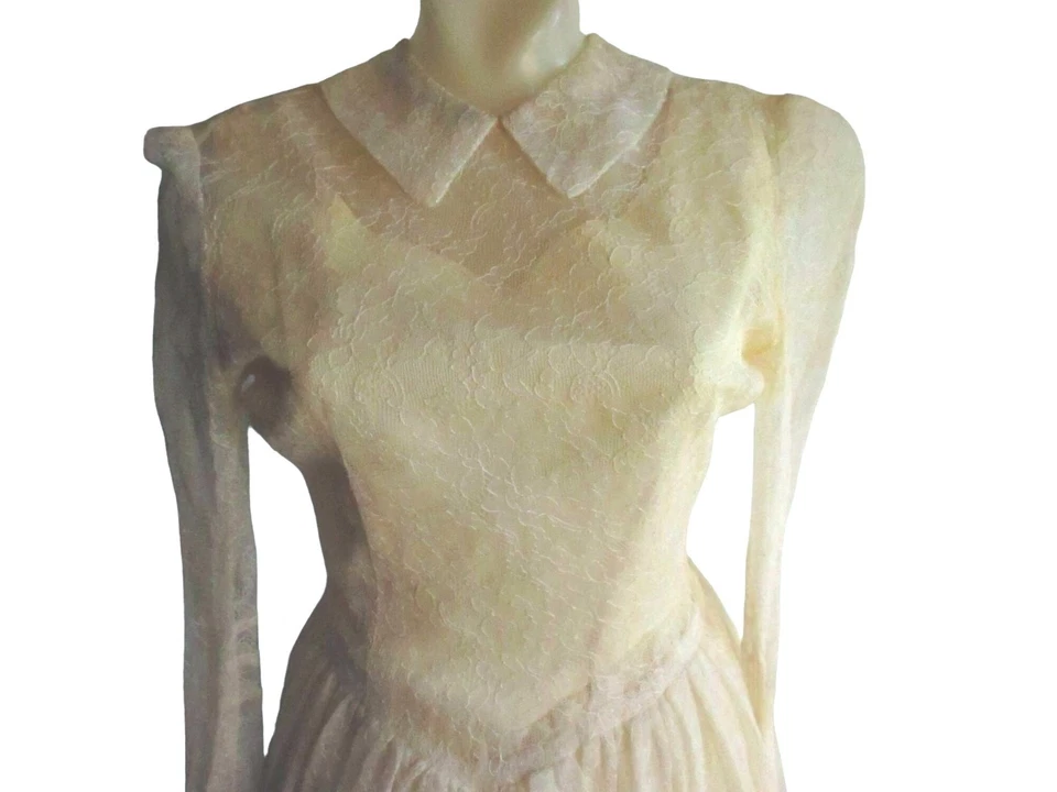 6 Pequeños vestidos de boda vintage para mujer campesinos años 70 malla satinada hechos a mano crema Foto 2 de 4