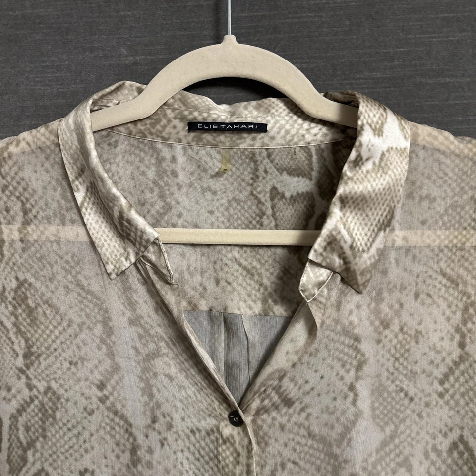 Elie Tahari Top XL Beige Snakeskin Animal Print Silk Sheer Tunic Long Button - Image 4 of 4