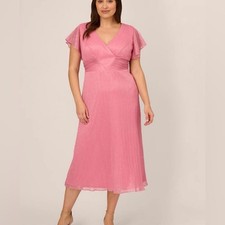 Adrianna Papell Crinkle Mesh Midi Dress Flutter Sleeves Faded Rose 14 Cocktail