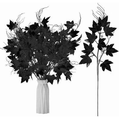 12 Pcs 19.7 In. Black Artificial Maple Leaf Branch Stem Halloween Gothic Floral