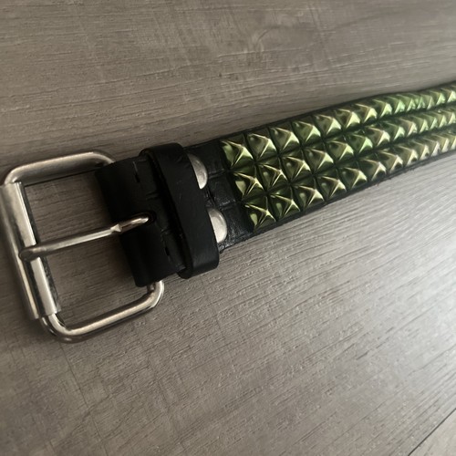 Three Row Pyramid Leather Handmade Studded Belt Punk Green USA Vintage 34W