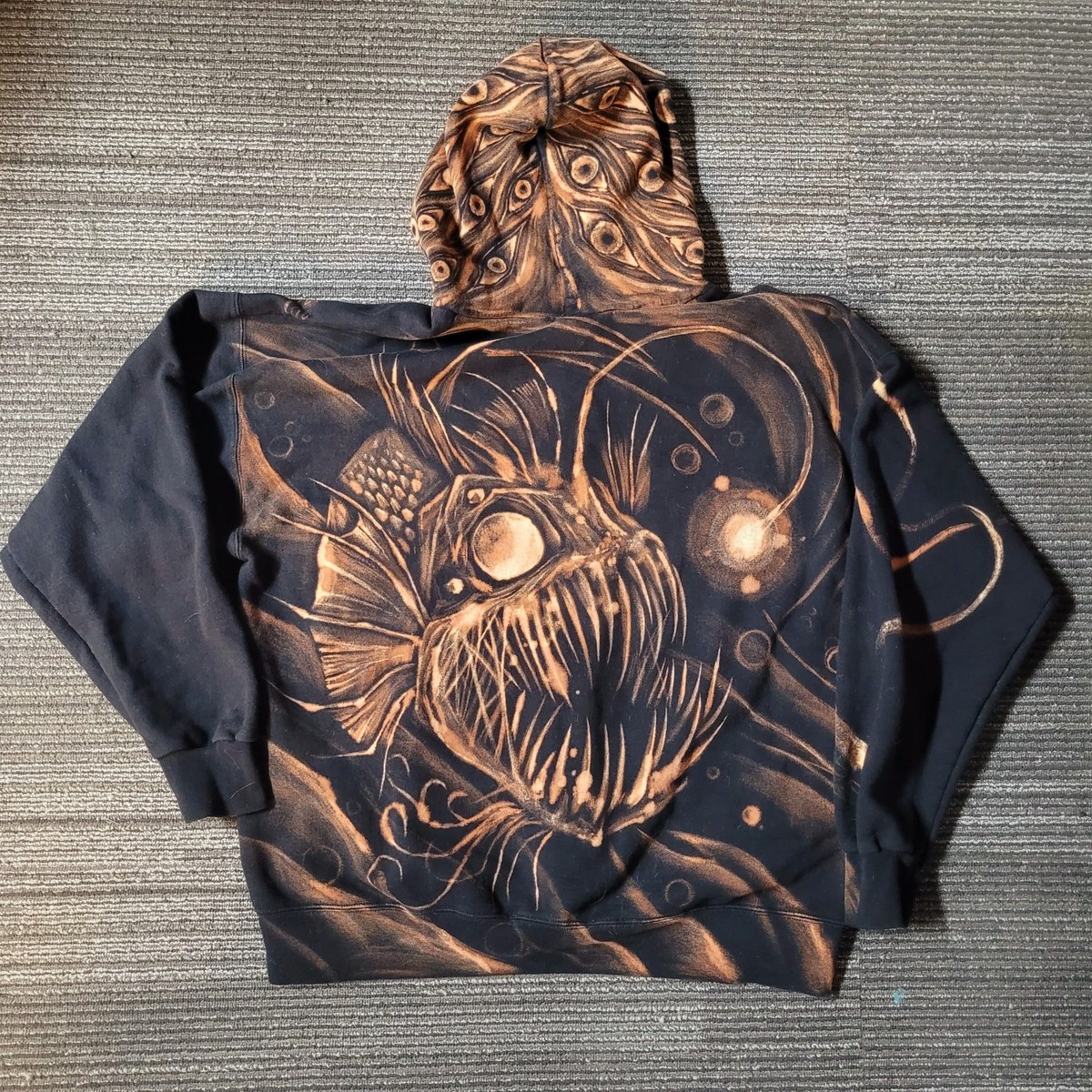 リメイク　ペイント　アート　骨　フードジャケット　y2k グランジ Insane Hand Painted Bleach Y2K Streetwear Angler Fish Full Zip