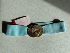 Wide Blue Elastic Waist Belt Large Gold Buckle Stretch Belt Small Fits 27  - 34  