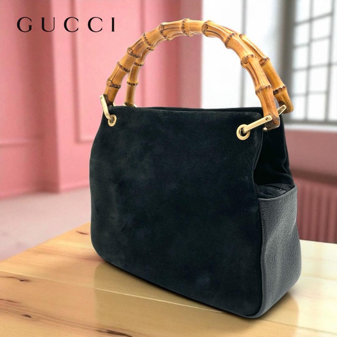 GUCCI Black Gold Suede Bamboo Handle Handbag Genuine Leather Made in Japan