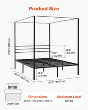 Queen Size Canopy Bed Frame, Metal Canopy Bed with Four Posters Design, Heavy Du