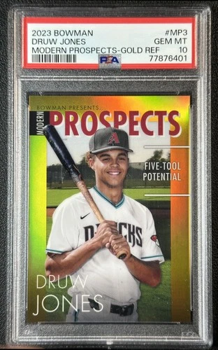 DRUW JONES PSA 10 2023 BOWMAN #MP-3 MODERN PROSPECT CHROME GOLD REFRACTOR 21/50