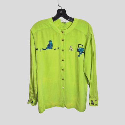 Escada Margaretha Ley Vintage 80s Lime Green Silk Blouse Tiger! Embroidery Sz 34