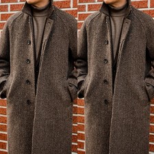 Vintage Brown Men's Herringbone Overcoats Tweed Outdoor Casual Warm Long Coats