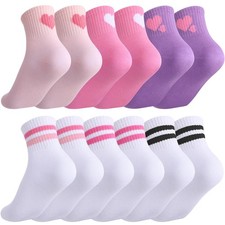 6 Pairs Kids Girls Pink White Crew Athletic Socks with Stripes Hearts,Casual ...