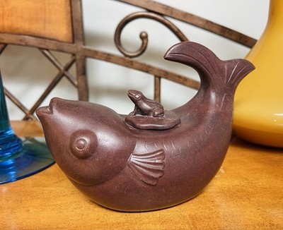 Chinese Yixing Zisha Clay Fish Form Teapot w/ Frog Lid-Signed & Stamped Unused 