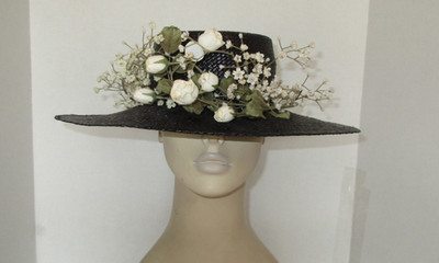 Vintage 1980s Black Straw Bolero Hat w/Garland Fabric Roses & Leaves Canada