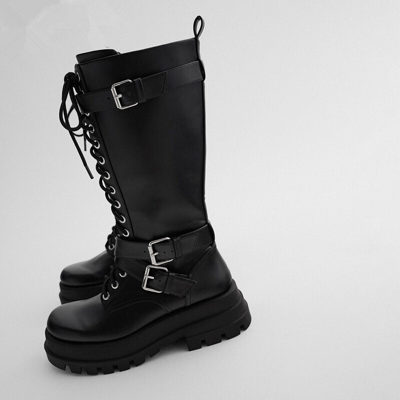 Womens Platform Biker Boots Buckle Mid Calf Boots Knight