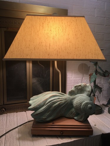 Nautical Wood Table Lamp with Aqua Fish Linen Shade – Heavy Quality Table Lamp - Picture 1 of 23