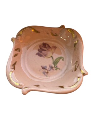 Vintage Pink Ceramic Trinket Dish Tulip Design Gold Gild Trim 3 Inch Square
